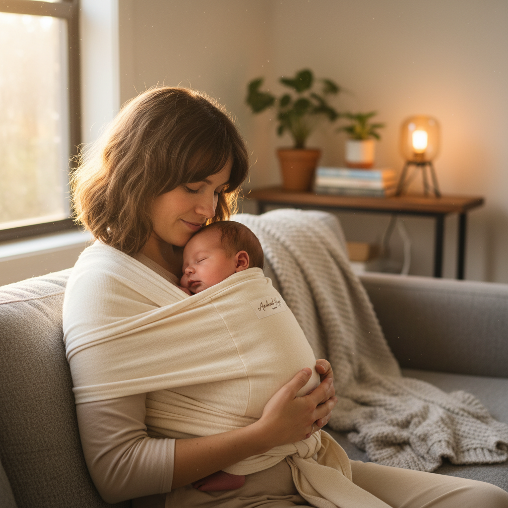 Mom wearing Anchored Hope baby carrier with sleeping newborn