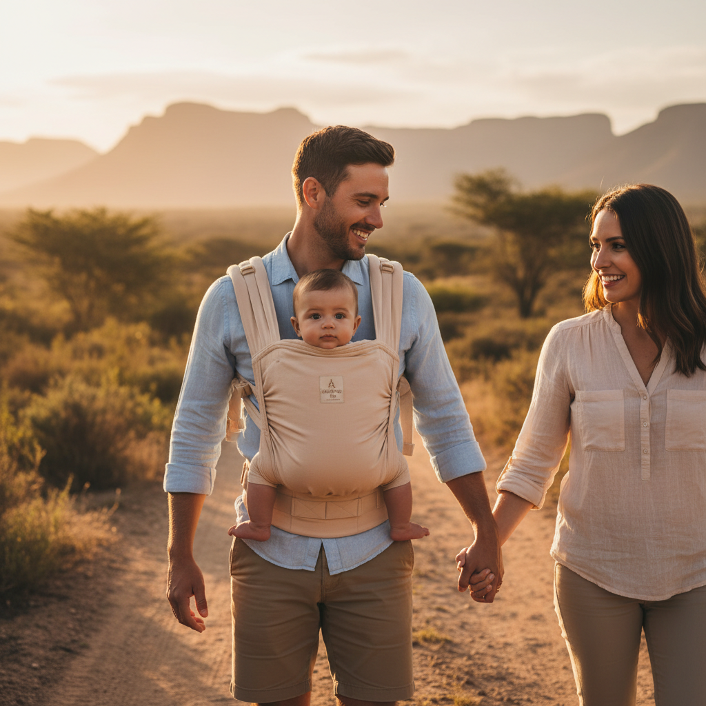 Dad wearing Anchored Hope baby carrier outdoors golden hour